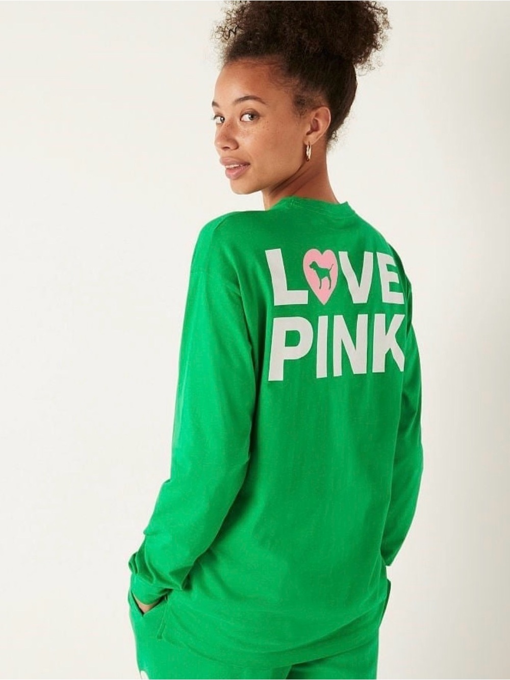 Victoria's Secret PINK "LOVE PINK" Happy Camper Green Long Sleeve Top M